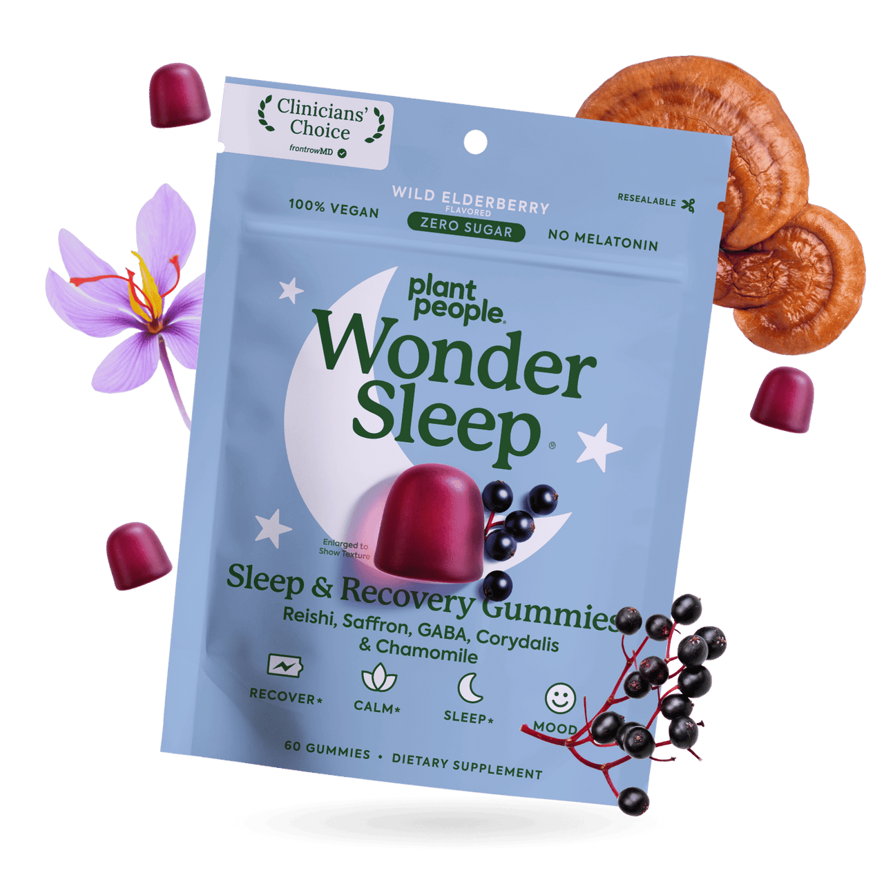 Plant People Wonder Sleep Sleep & Recovery Gummies pouch on a white background, surrounded by gummy candies, a purple flower, and brown mushroom slices. Clinicians' Choice badge is visible at the top.