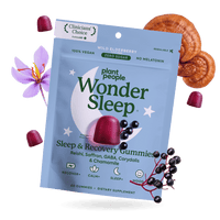 Plant People Wonder Sleep Sleep & Recovery Gummies pouch on a white background, surrounded by gummy candies, a purple flower, and brown mushroom slices. Clinicians' Choice badge is visible at the top.