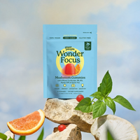 Package of Wonder Focus mushroom gummies with a natural background